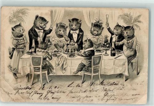 1905 Katze Hochzeitstafel gedeckter Tisch Litho Prägedruck