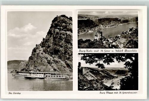 St. Goarshausen Die Loreley Seitenraddampfer Burg Katz mit St. Goar und Schloss Rheinfels Burg Maus