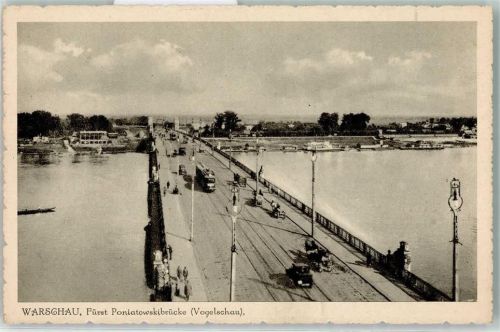 Warschau Vogelschau Fürst. Poniatowskibrücke Straßenbahn Oldtimer Schiff