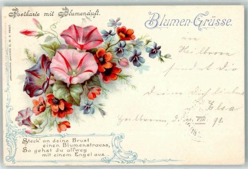 Blumengrüsse Verlag Schmidt - Vers : Steck an deine Brust einen Blumenstrauß ... Duftkarte 1898 Lithographie / Künstlerkarte