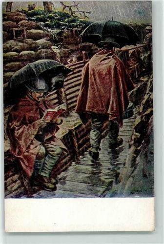 Englische Soldaten bei Regenwetter Buch lesen Gesellschaft für volkstümliche Bildkunst Nr. 152 WK I
