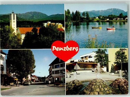 Penzberg Kirche See Ruderboot Auto Straße Springbrunnen Cafe am Rathaus Herz