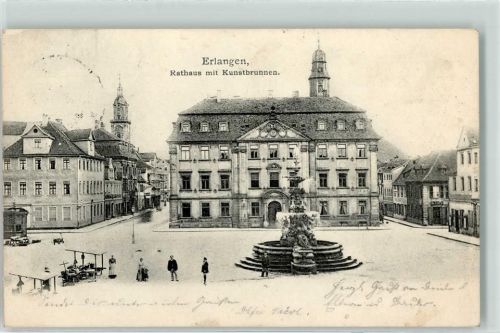 Erlangen 1905 Rathaus mit Kunstbrunnen Marktszene