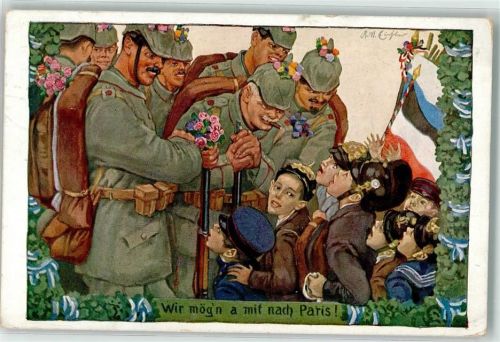 1914 Ausmarsch Kinder jubeln Soldaten mit Blumen geschmückt Wohlfahrtskarte