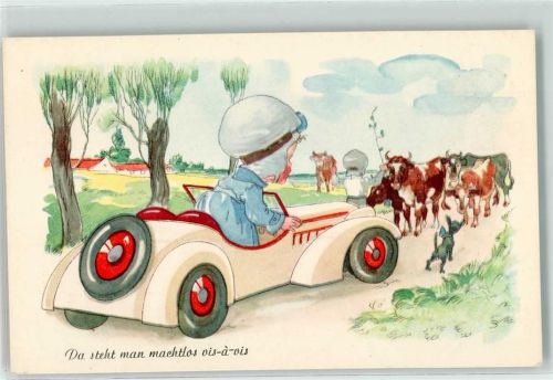 Machtlos Kuhherde auf der Straße Verlag 0433 AK Auto Humor Künstlerkarte