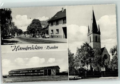 Hambrücken Hauptstraße Auto VW Käfer Kath. Kirche Schule