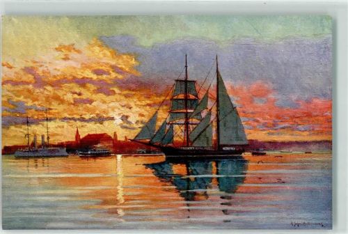 Kiel Schiffe Segelschiff Sonnenuntergang am Kieler Hafen sign. Schmidt