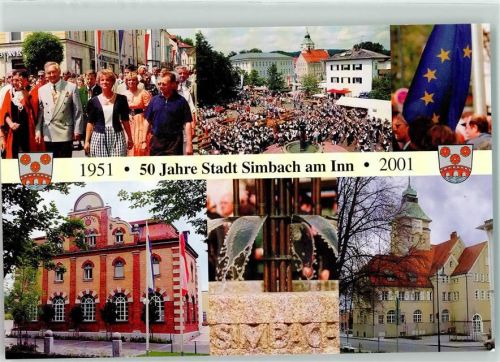 Simbach 50 Jahrfeier Marktplatz Rathaus Ehemal. Elektrizitätswerk Fahnen Brunnen