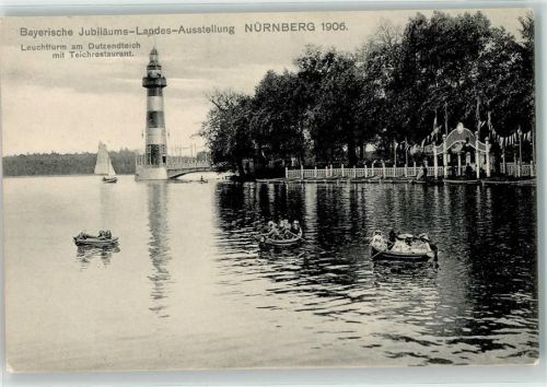 Nürnberg Bayerische Jubiläums Landes Ausstellung Leuchtturm am Dutzendteich mit Gasthaus Teichrestaurant Ruderboot Segelboot