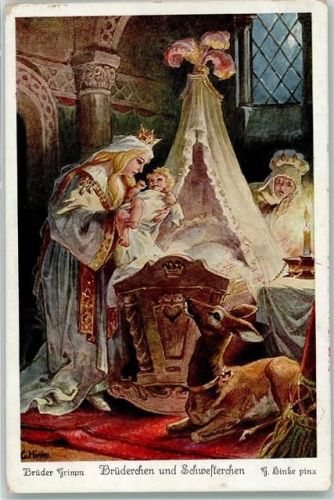 Brüder Grimm Brüderchen und Schwesterchen Reh Wiege Karte 6 sign G. Hinke Nr 4545 Serie 269 Stempel WK II NS Ausbildungstrupp XVII