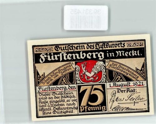 Fürstenberg Notgeld Gutschein 75 Pfennig Gasthaus Goldener Löwe Gaststube