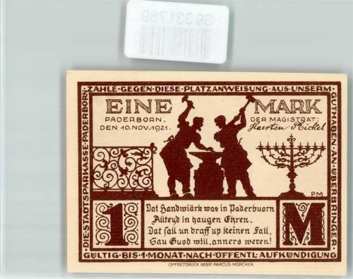 Paderborn Notgeld Eine Mark Haus Levermann Schmiede Amboß