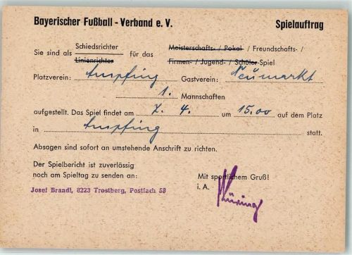 Ampfing Bayr. Fußball Verband - Spielauftrag Abs. Walter Thüring