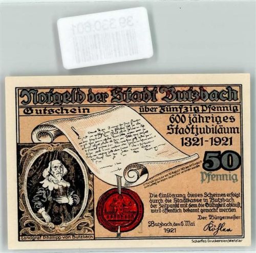 Butzbach Notgeld 600 jähriges Stadtjubiläum 1321 - 1921 50 Pfennig Landgraf Phillipp Siegel Solmser Schloss Wappen