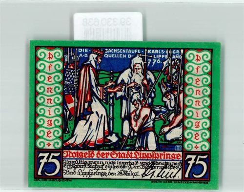 Bad Lippspringe Notgeld 75 Pfennig Wappen Kreuz Sachsentaufe 1921