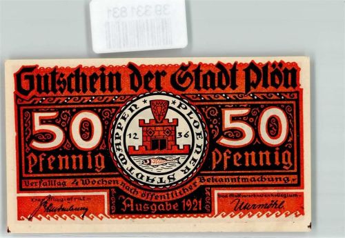 Plön Notgeld Gutschein 50 Pfennig Scherenschnitt