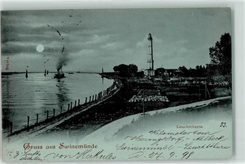 Swinemünde 1898 Leuchtturm Mond Gruss Schiff Segelboot