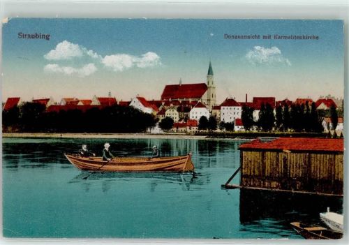 Straubing Donauansicht mit Karmelitenkirche Ruderboot Lithographie