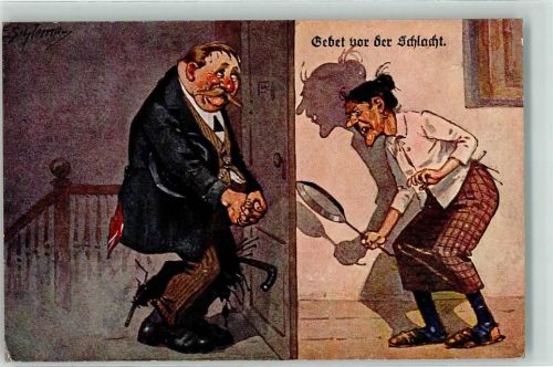 Gebet vor der Schlacht . Frau wartet mit der Bratpfanne
