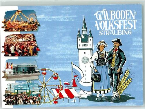 Straubing Gäuboden Volksfest Ostbayernschau Riesenrad Tracht Mann Frau Pfeife Turm Uhr Fahnen Festzelt Karussel sign. Hempe