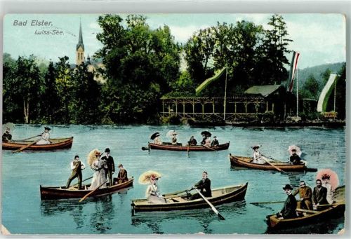 Bad Elster 1909 Luisa See Ruderboot Frau Mann Hut Schirm Fahnen Kirche