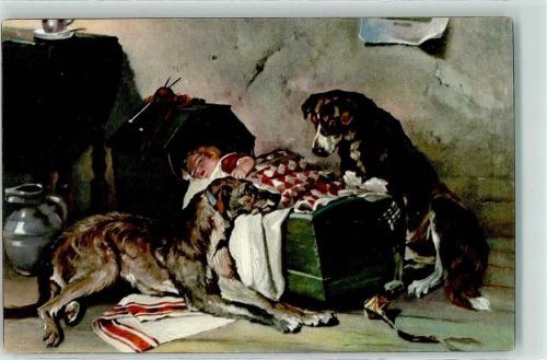 47029 Rivalen sign. J.S. Noble Tiermaler - Hund Baby in der Wiege AK