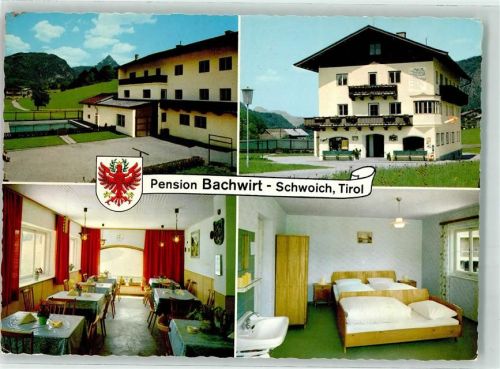 Schwoich Pension Bachwirt Gastraum Zimmer Bett Schrank Waschbecken Schwimmbad Wappen Adler