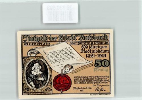 Butzbach 1921 Notgeld der Stadt Butzbach Gutschein über 50 Pfennig 600 jähriges Stadtjubiläum Nr. D 7837