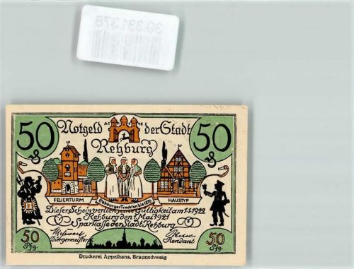 Rehburg Notgeld 50 Pfennig Feuerturm Tracht Scherenschnitt