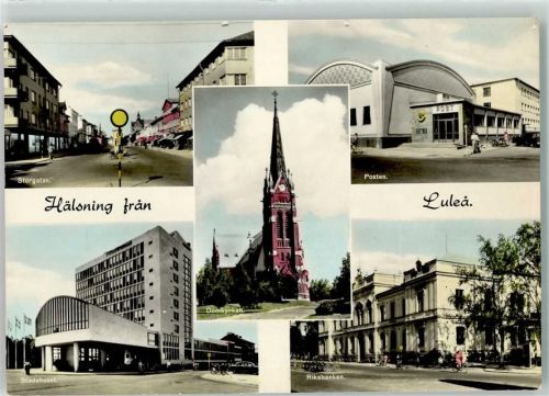 Lulea Storgatan Posten Post Riksbanken Domkyrkan Stadshuset Fahrrad Haltestelle Geschäfte Auto