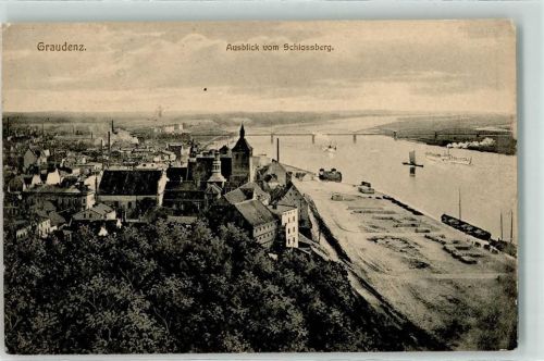 Graudenz Grudziadz - Ausblick vom Schlossberg Brücke Schiff Dampfer Boot Turm Kirche Fabrik