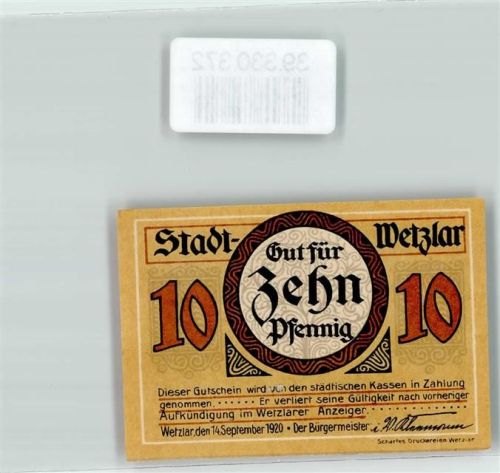 Wetzlar 1920 Notgeld Stadt Wetzlar Gut für 10 Pfennig Nr.81787