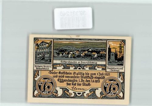 Eschershausen Notgeld 75 Pfennig Wilhelm Raabe Geburtshaus Raabeturm Denkmal Kriegerdenkmal Deutscher Adel Kranz