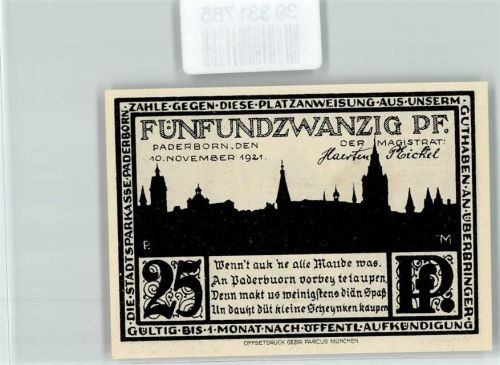 Paderborn Notgeld 25 Pfennig Die Kisau
