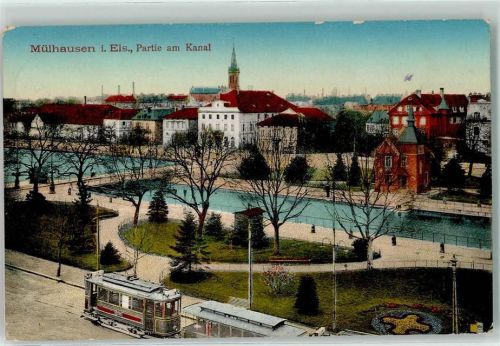 Mulhouse 1916 Kanal Tram Straßenbahn Brücke Kirche Fabrik