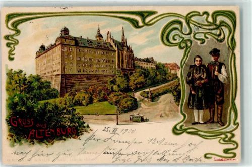 Altenburg 1900 Gruss Straßenbahn Mann Frau Tracht