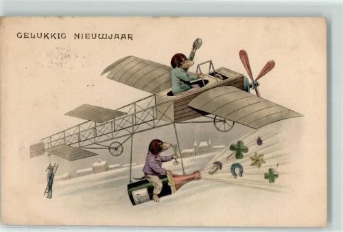 1910 Neujahr Hunde vermenschlicht Hufeisen Kleeblätter Fliegennpilz H.H.i.W. Nr.669