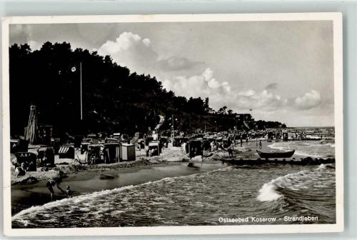 Koserow WK II Fahne Strandleben Strandkorb Ruderboot Meer Bahnpost Swinemünde Zug Nr. 360