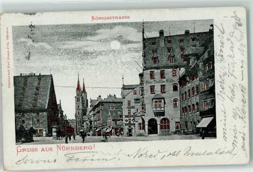 Nürnberg 1899 Goldfenster-AK Königsstraße Litfaßsäule Hotel Deutscher Kaiser