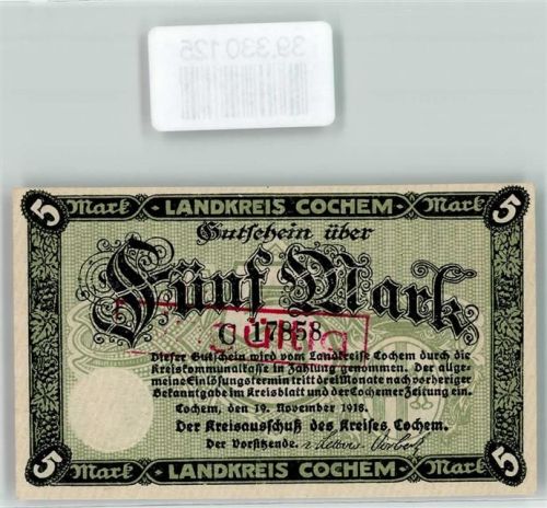 Cochem Notgeld Gutschein über 5 Mark Nr. 17858 Landkreis Cochem Burg Cochem