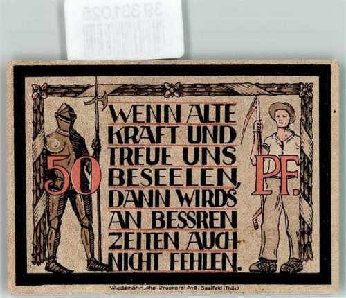 Lauenstein Notgeld 50 Pfennig Ritter Rüstung Speer Bauer Sense