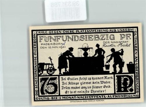 Paderborn Notgeld 75 Pfennig Brunnen Wasserträger