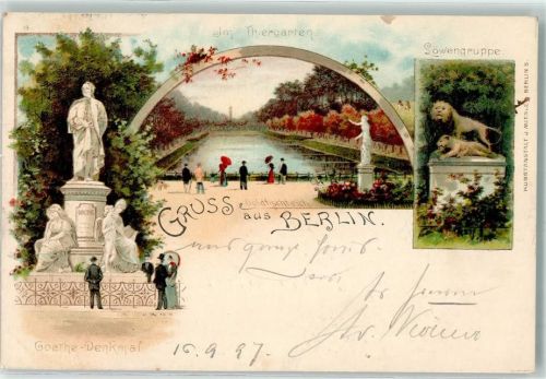 Tiergarten 1897 Goethe Denkmal Löwengruppe Goldfischteich Tiergarten