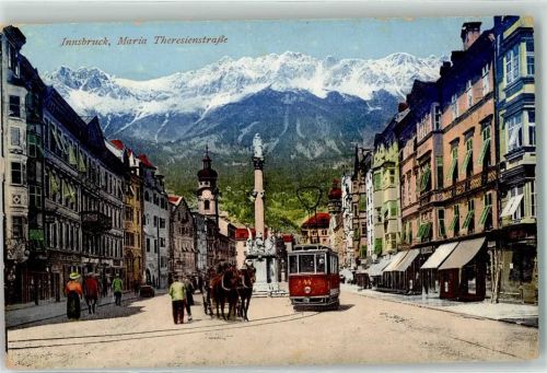 Innsbruck Maria Theresienstraße Tram Straßenbahn Geschäfte Kutsche Säule Kirche
