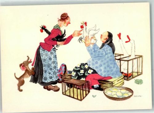 Ruhpolding Marktfrauen Dackel Enten Huhn sign.Hahn Kunstverlag