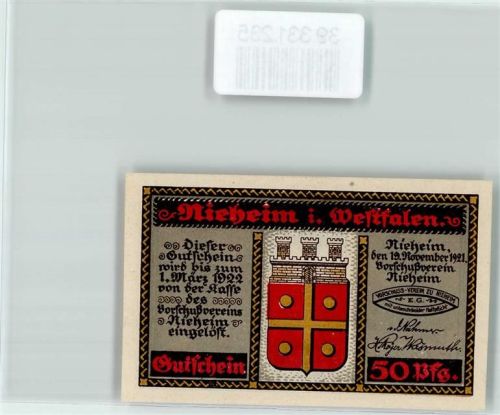 Nieheim Notgeld 50 Pfennig Wappen Türme Rot Gold Weber´s Wohnhaus