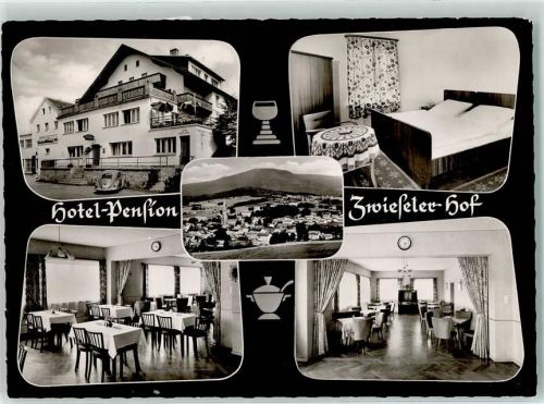 Zwiesel Hotel Pension Zwieseler Hof VW Käfer Timmer Weinglas Gastraum Uhr Bett Tisch Stuhl Kirche