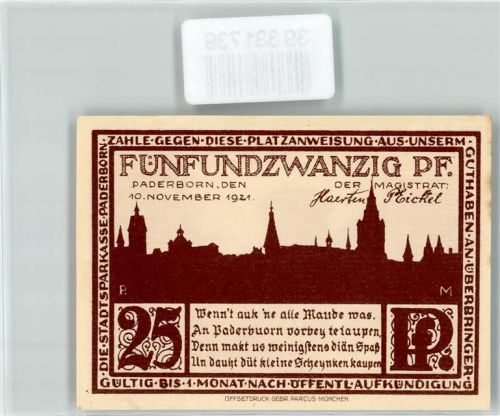 Paderborn Notgeld 25 Pfennig Stadtmauerturm