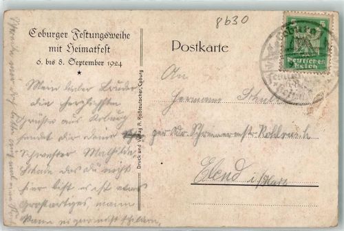 Coburg Sonderstempel Festungsweihe September 1924 sign