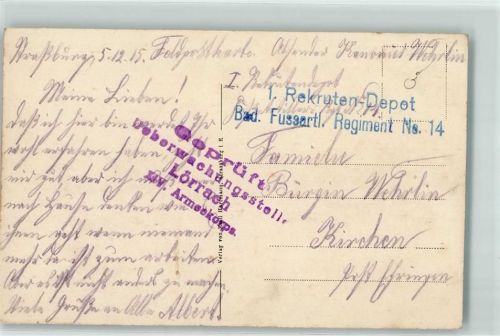 1. Rekruten Depot Bad. Fussartl. Regiment Nr 14 Geprüft Stempel Überwachungsstelle Lörrach XIV. Armeekorps